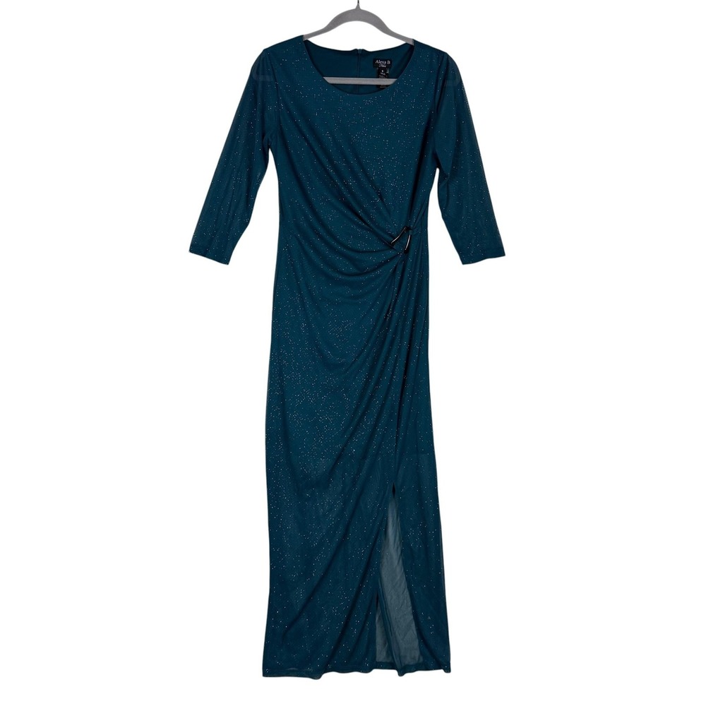 Alexa B Nites Dress Womens 8 Green Glitter Ruched Maxi 3/4 Sleeve Slit‎ Gown